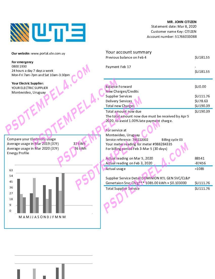 Uruguay UTE Company electricity utility bill