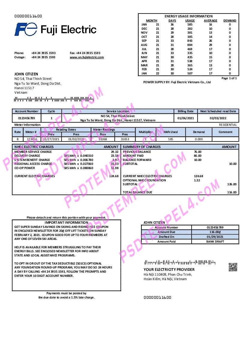 Vietnam Fuji Electric Vietnam Co utility bill. Ltd