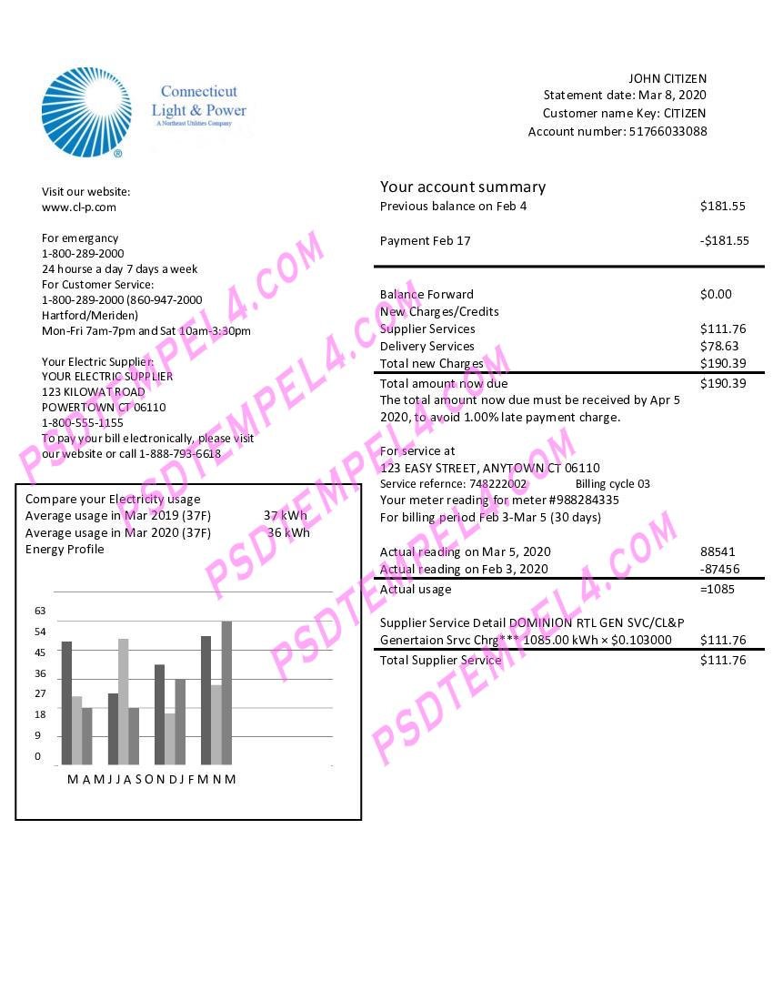 usa connecticut light power electricity utility bill