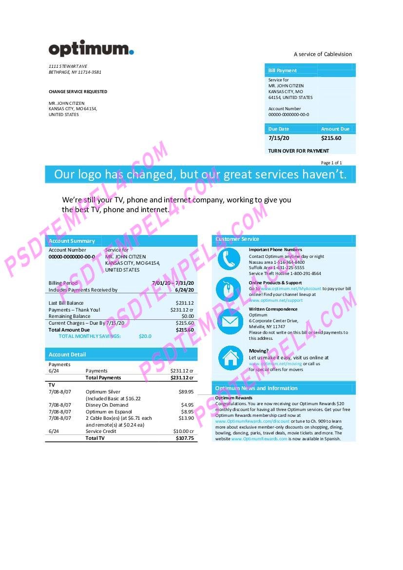 usa new york optimum cablevision utility bill