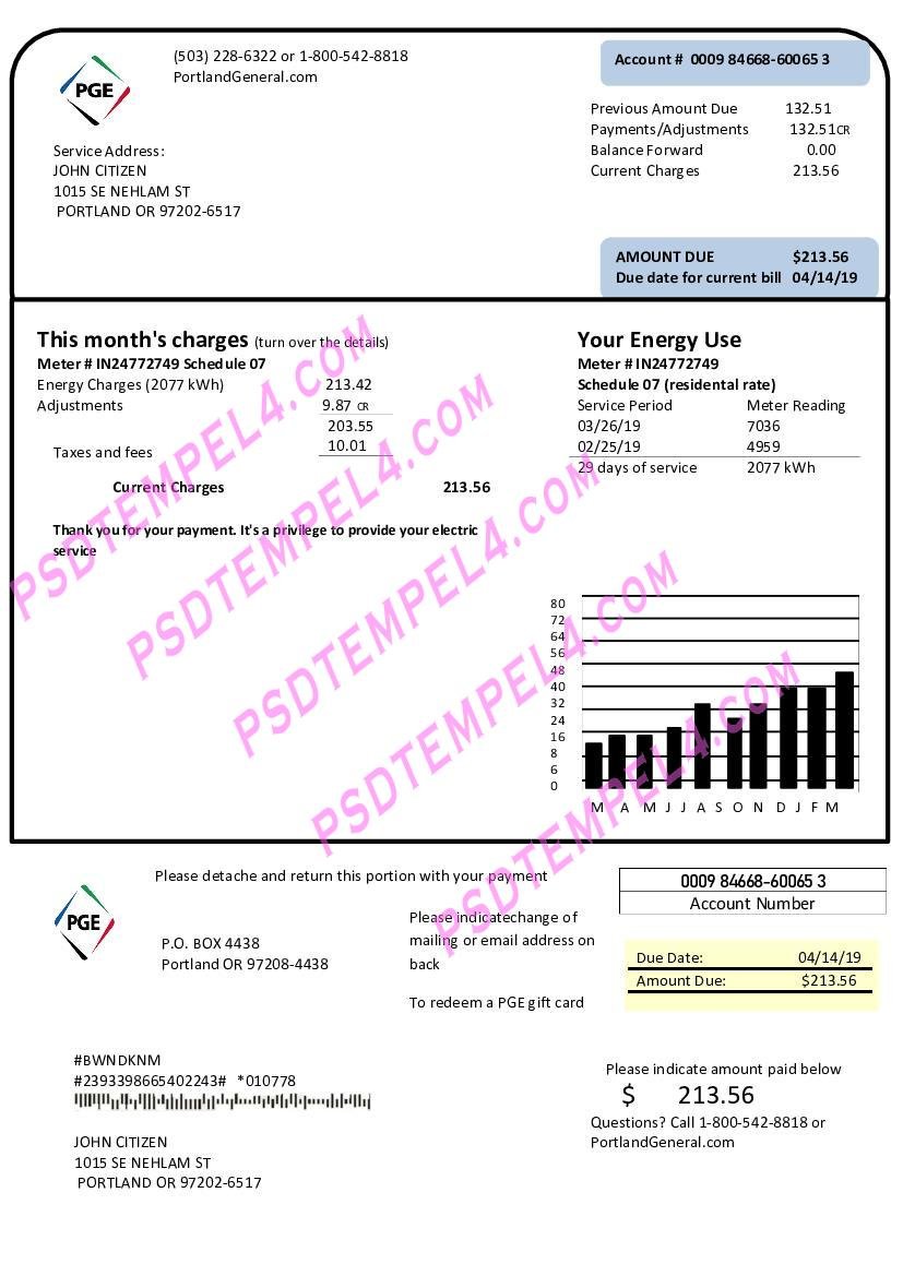usa oregon pge electricity utility bill
